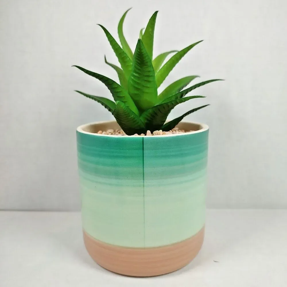 Artificial Succulent Potted Houseplant Teal Blue White Peach Tone Ceramic Rocks